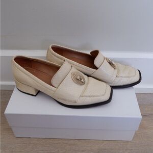 Cream Leather Low Block Heel Loafers with Gold Accent